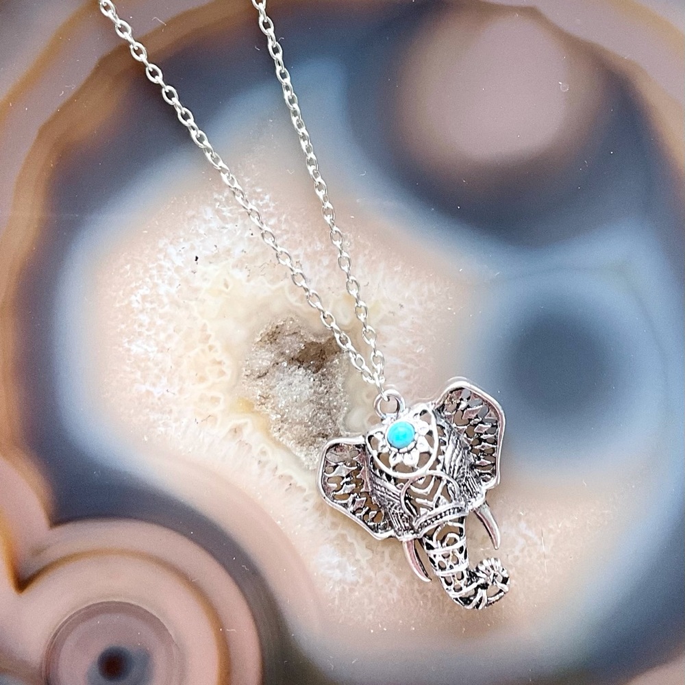 Silver elephant pendant necklace turquoise lotus flower boho hippie jewelry